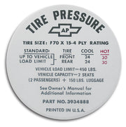 1968-1972 Corvette Decal. Tire Pressure-Glovebox - CA-0348-Corvette-Store-Online
