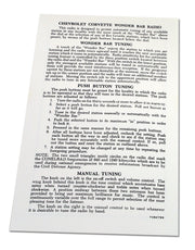 1958-1963 Corvette Card. Wonderbar Radio Instructions - CA-0375-Corvette-Store-Online