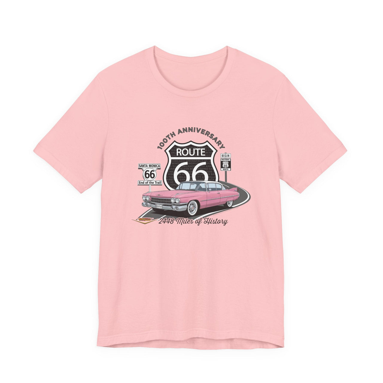 Pink Cadillac Route 66 Tee – 100th Anniversary Legends of the Road Retro Graphic T-Shirt