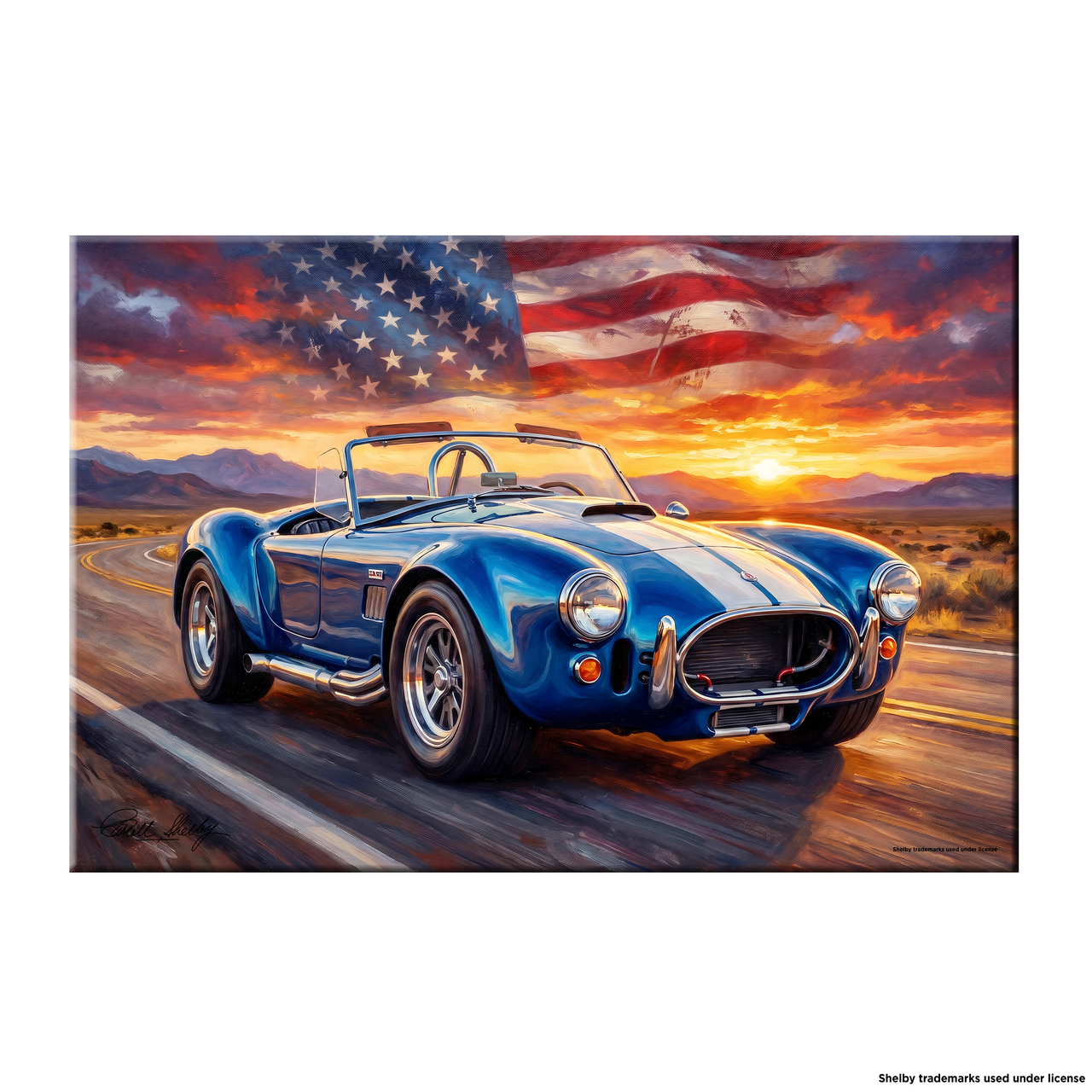 Carroll Shelby Blue Cobra 427 Open-Top Roadster Desert Highway Sunset American Flag Canvas Wall Art