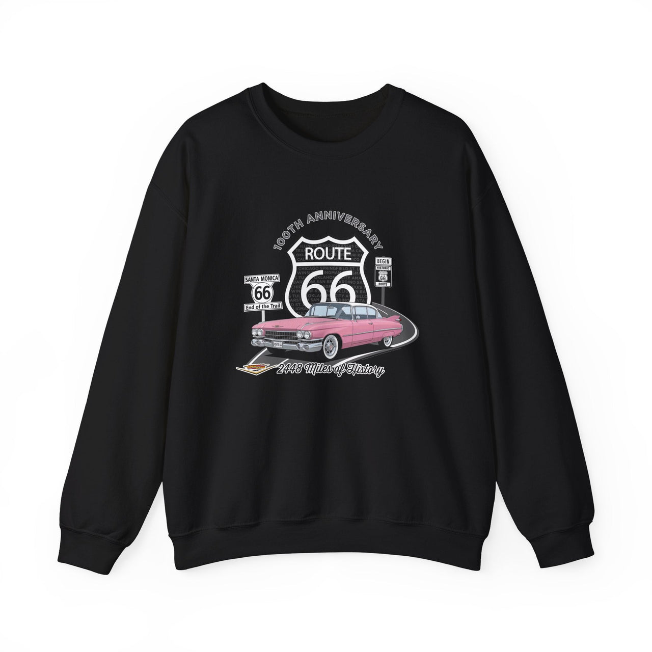 Pink Cadillac Route 66 100th Anniversary Sweatshirt – Cotton Blend Legends of the Road Classic Travel Pullover