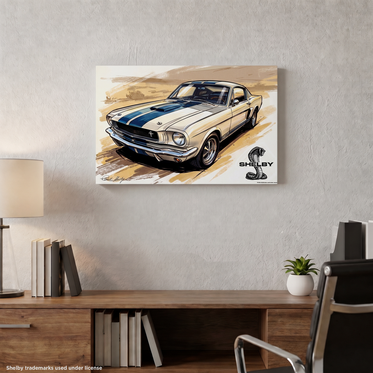 Carroll Shelby White GT350 Sports Coupe Comic Illustration with Shelby Cobra Snake Canvas Wall Art