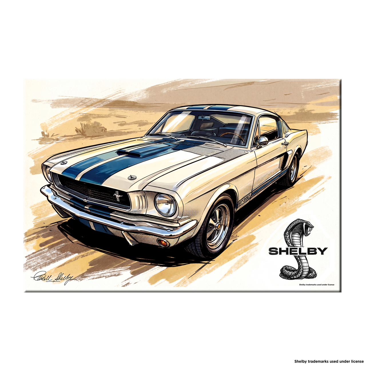 Carroll Shelby White GT350 Sports Coupe Comic Illustration with Shelby Cobra Snake Canvas Wall Art