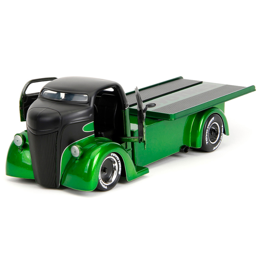 1947 Ford COE Flatbed Truck Green Metallic and Matt Black "Toyo Tires" with Extra Wheels "Just Trucks" Series 1/24 Diecast Model Car