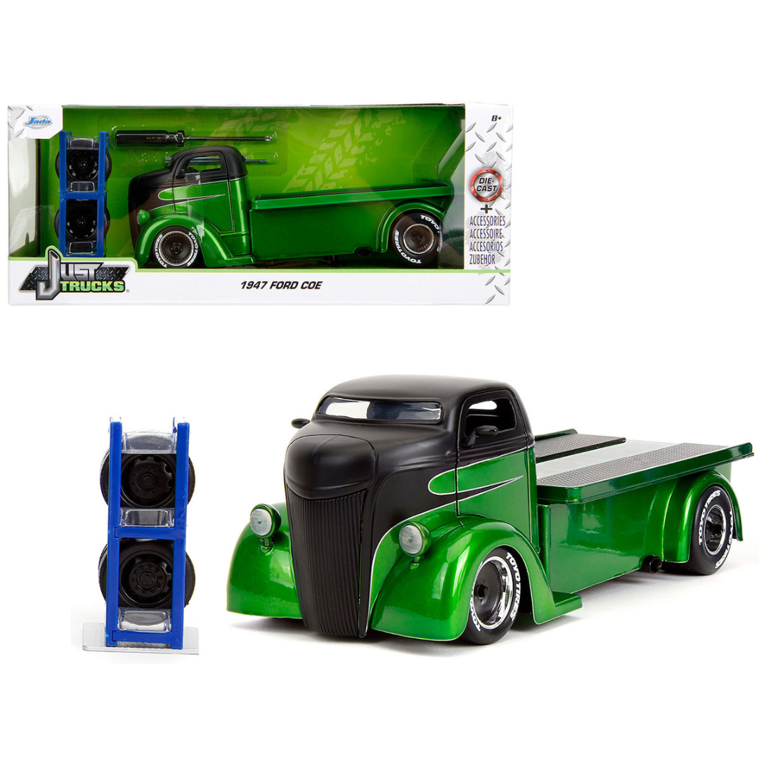 1947 Ford COE Flatbed Truck Green Metallic and Matt Black "Toyo Tires" with Extra Wheels "Just Trucks" Series 1/24 Diecast Model Car