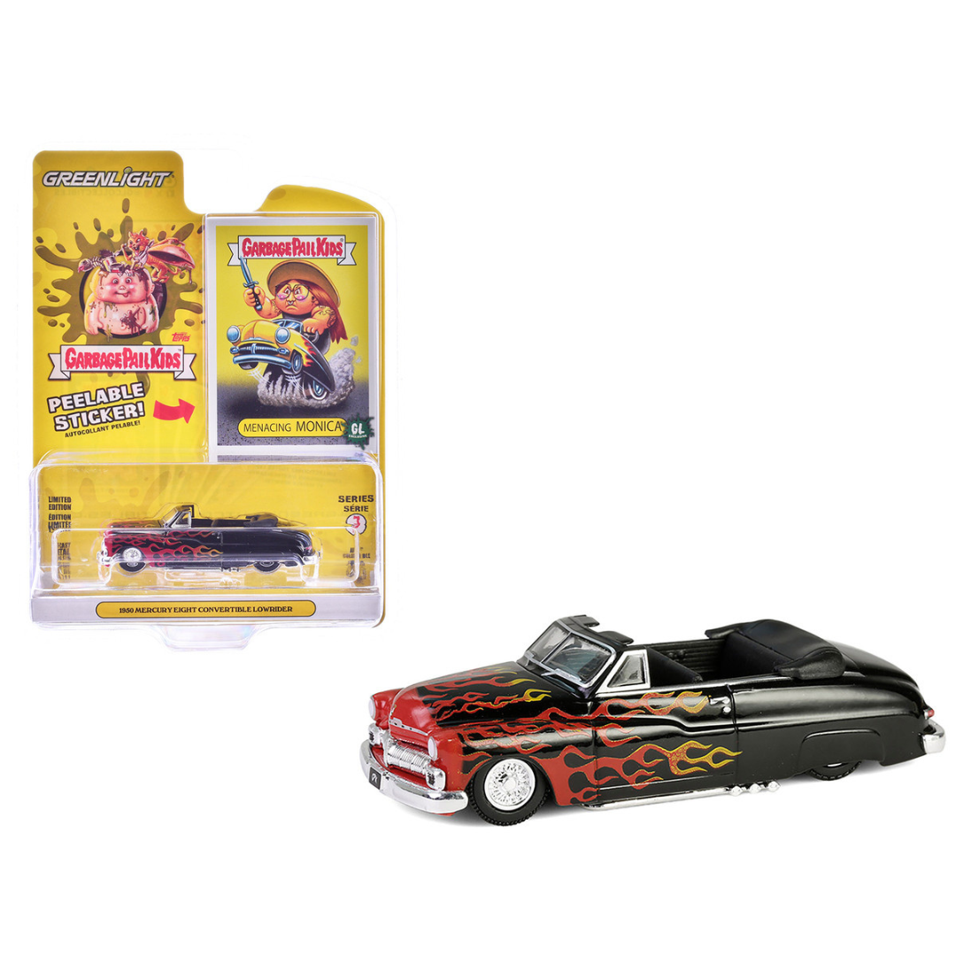 1950 Mercury Eight Convertible Lowrider Black with Flames "Menacing Monica" "Garbage Pail Kids" Series 7 1/64 Diecast Model Car
