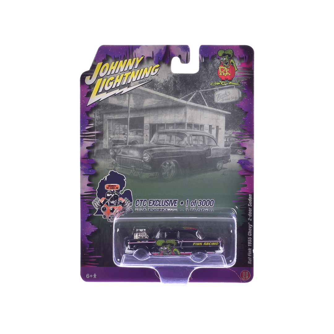 1955 Chevrolet 2-Door Sedan "Rat Fink Racing" Black with Graphics "CTC Exclusive" Series Limited Edition to 3000 pieces Worldwide 1/64 Diecast Model Car