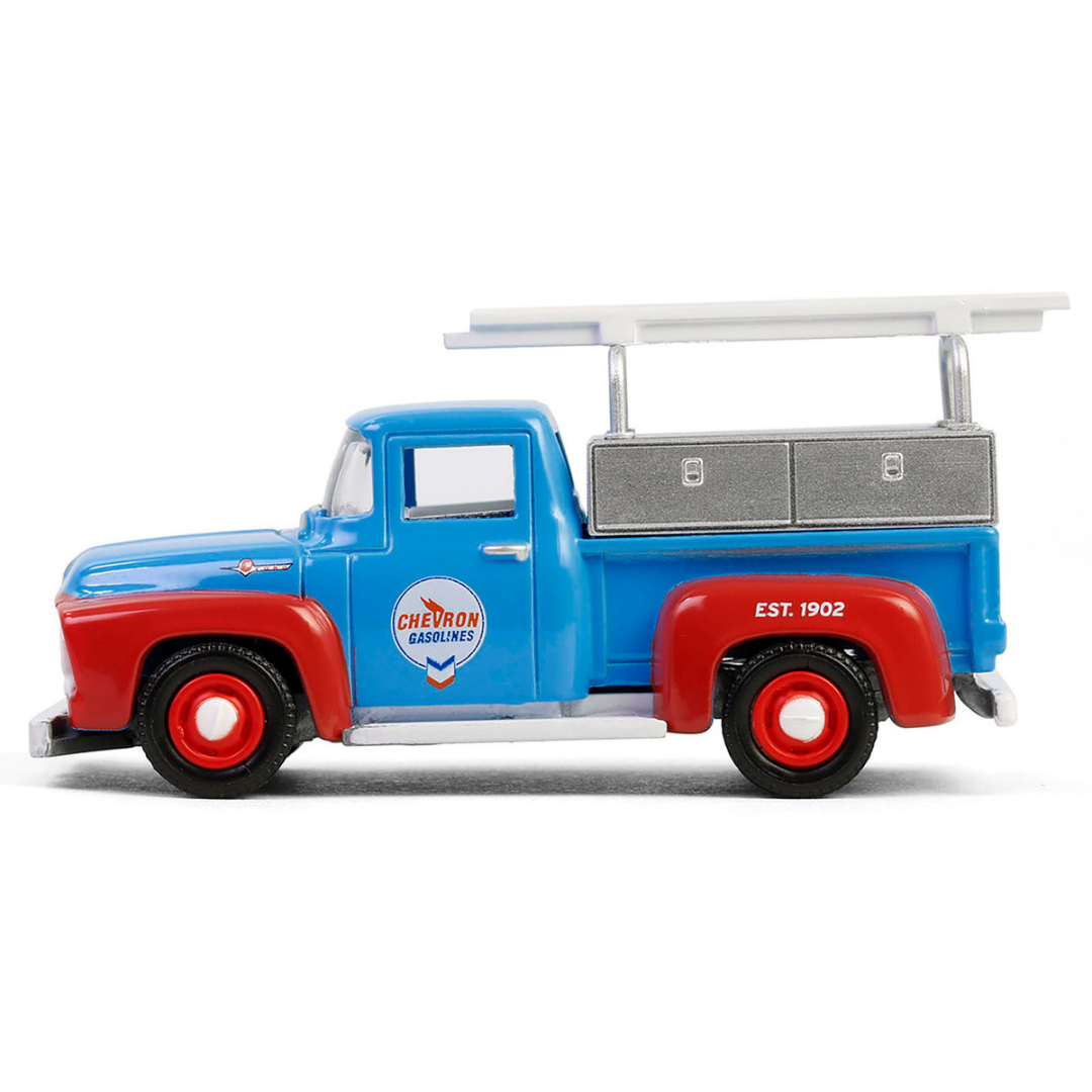 1956 Ford F-100 Pickup Truck with Tool Boxes and Ladders "Chevron" Blue and Red "Chevron Special Edition" Series 1 1/64 Diecast Model Car