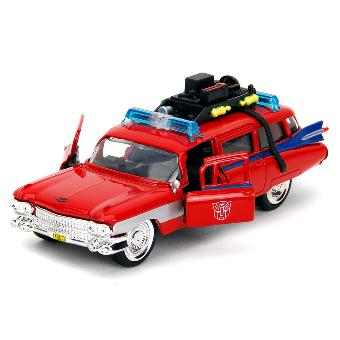 1959 Cadillac Ambulance Ecto-1 Red "Transformers" TV Series - "Ghostbusters" (1984) Movie Crossover "Hollywood Rides" Series 1/32 Diecast Model Car