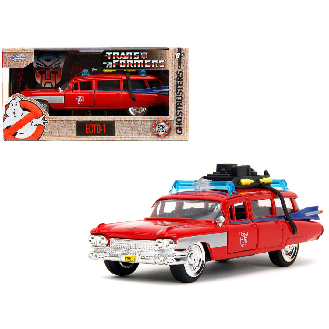 1959 Cadillac Ambulance Ecto-1 Red "Transformers" TV Series - "Ghostbusters" (1984) Movie Crossover "Hollywood Rides" Series 1/32 Diecast Model Car