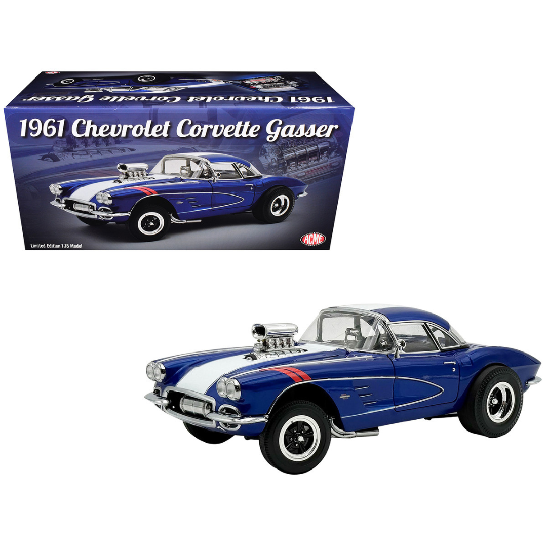 1961 Chevrolet Corvette Grand Sport Gasser Admiral Blue Metallic with White Stripe Limited Edition to 204 pieces Worldwide 1/18 Diecast Model Car