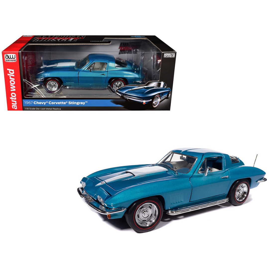 1967 Chevrolet Corvette Stingray Light Blue Metallic with White Hood Stripe "American Muscle" Series 1/18 Diecast Model Car
