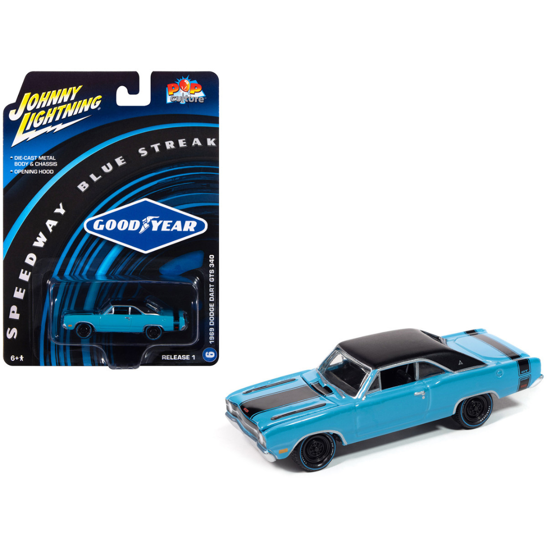 1969 Dodge Dart GTS 340 Blue with Black Top and Stripes "Goodyear Blue Streak" "Pop Culture" 2025 Release 1 1/64 Diecast Model Car