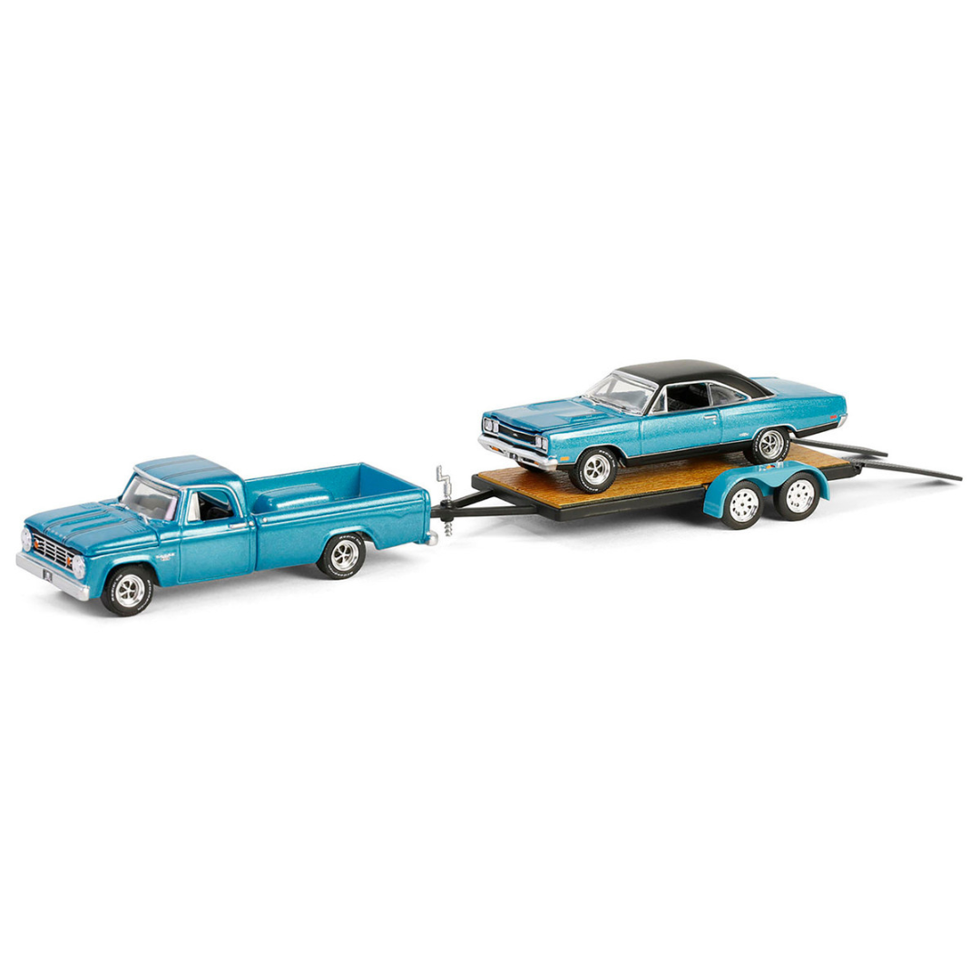 1969 Plymouth GTX Turquoise Metallic and 1967 Dodge D-200 Pickup Truck Turquoise Metallic with Flatbed Trailer "Graveyard Carz" (2012-Current) TV Series "Hollywood Hitch & Tow" Series 13 1/64 Diecast Model Cars