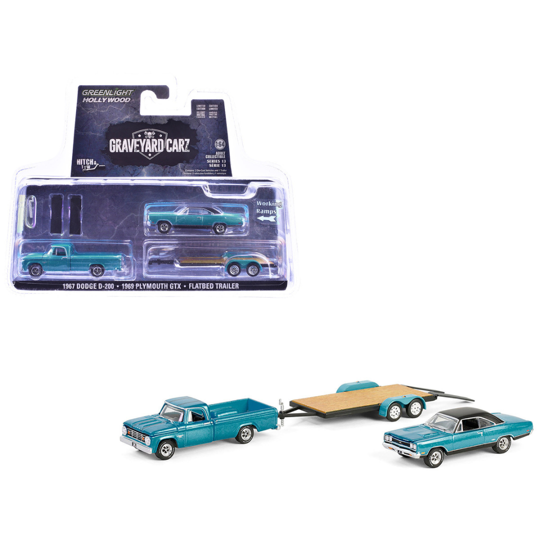 1969 Plymouth GTX Turquoise Metallic and 1967 Dodge D-200 Pickup Truck Turquoise Metallic with Flatbed Trailer "Graveyard Carz" (2012-Current) TV Series "Hollywood Hitch & Tow" Series 13 1/64 Diecast Model Cars