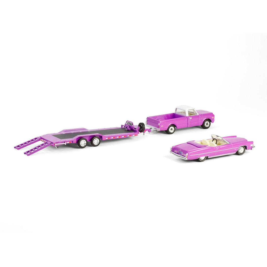 1974 Cadillac Eldorado Convertible Pink and 1972 Chevrolet C-30 Pickup Truck Pink with Heavy Duty Car Hauler "True Romance" (1993) Movie "Hollywood Hitch & Tow" Series 13 1/64 Diecast Model Cars