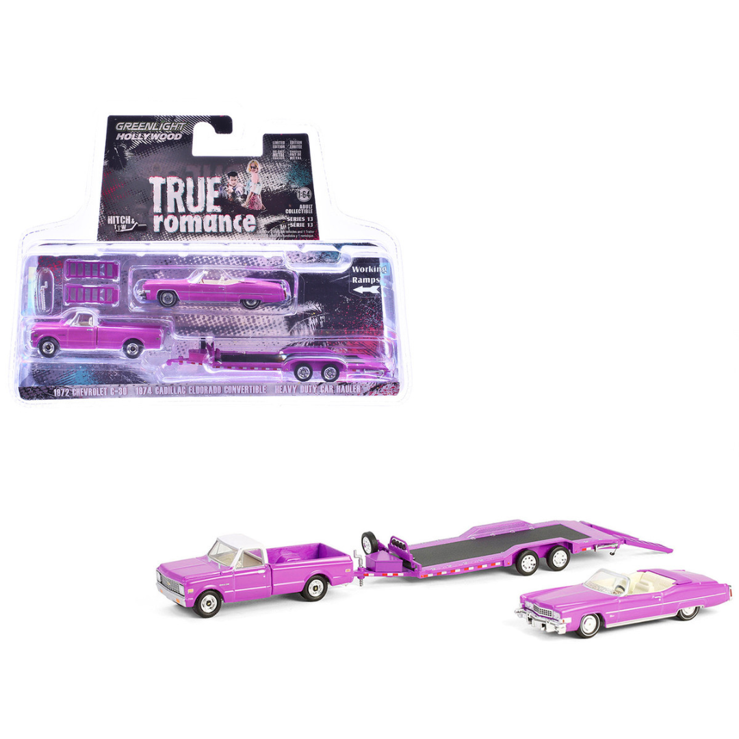 1974 Cadillac Eldorado Convertible Pink and 1972 Chevrolet C-30 Pickup Truck Pink with Heavy Duty Car Hauler "True Romance" (1993) Movie "Hollywood Hitch & Tow" Series 13 1/64 Diecast Model Cars