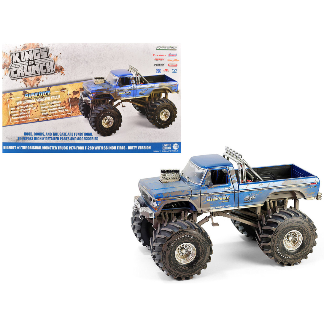 1974 Ford F-250 Monster Truck with 66-Inch Tires Blue "Bigfoot #1" (Dirty Version) "Kings of Crunch" Series 1/18 Diecast Model Car