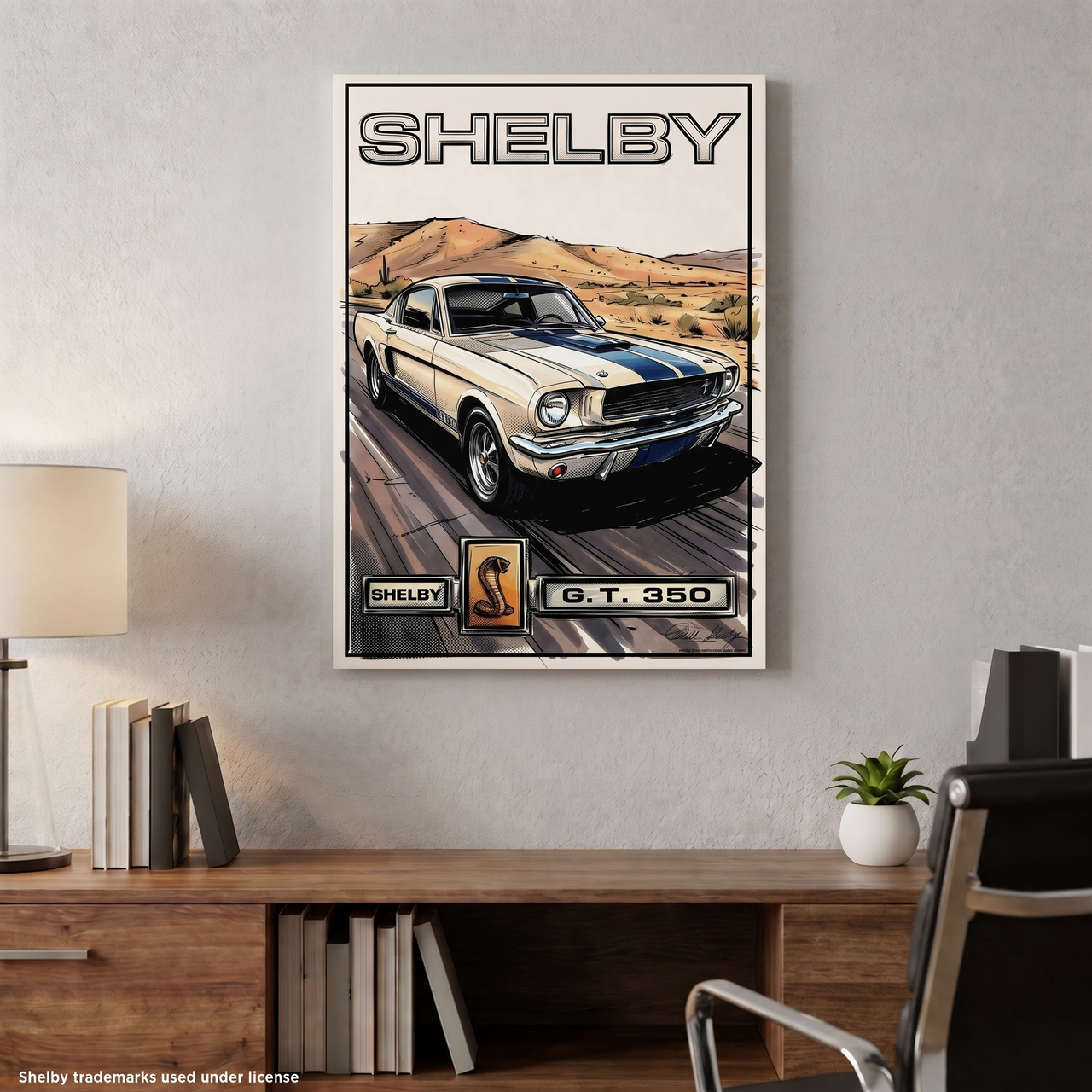 Carroll Shelby White GT350 Sports Coupe Comic Illustration Cobra Snake GT350 Badge Canvas Wall Art