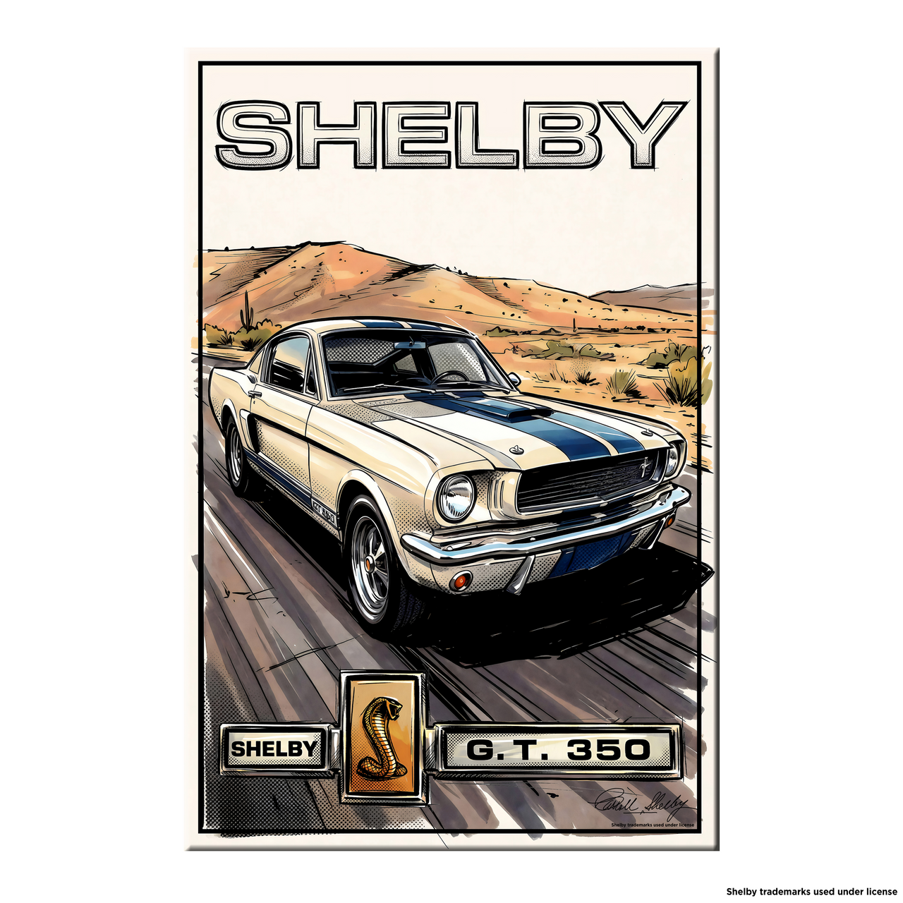 Carroll Shelby White GT350 Sports Coupe Comic Illustration Cobra Snake GT350 Badge Canvas Wall Art
