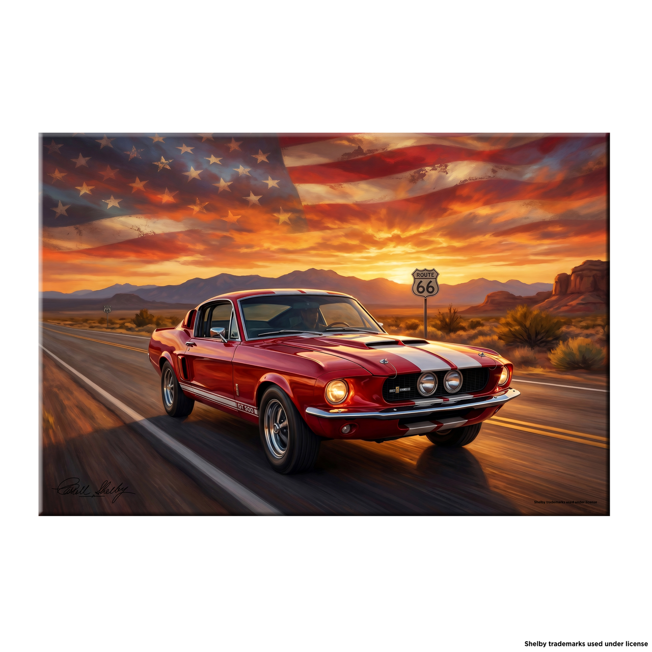 Carroll Shelby Red GT500 Sports Coupe Desert Highway American Flag Landscape Canvas Wall Art