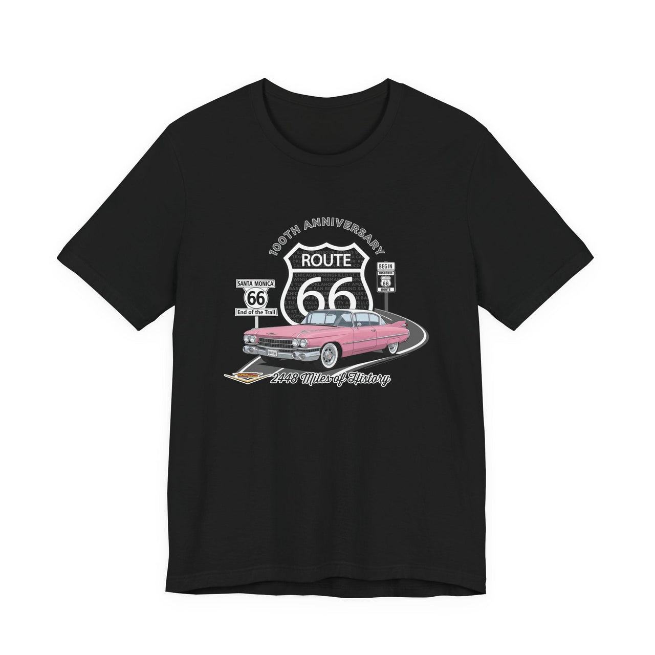 Pink Cadillac Route 66 Tee – 100th Anniversary Legends of the Road Retro Graphic T-Shirt