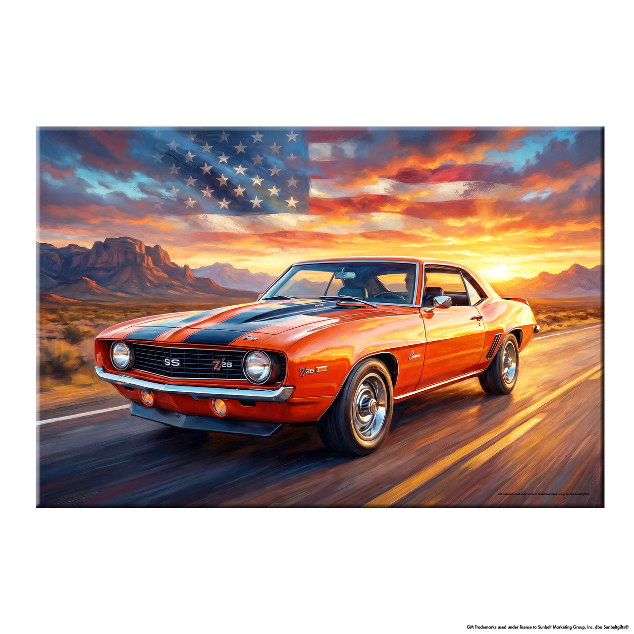 Camaro Z28 Orange and Black Americana Highway American Flag Canvas Wall Art