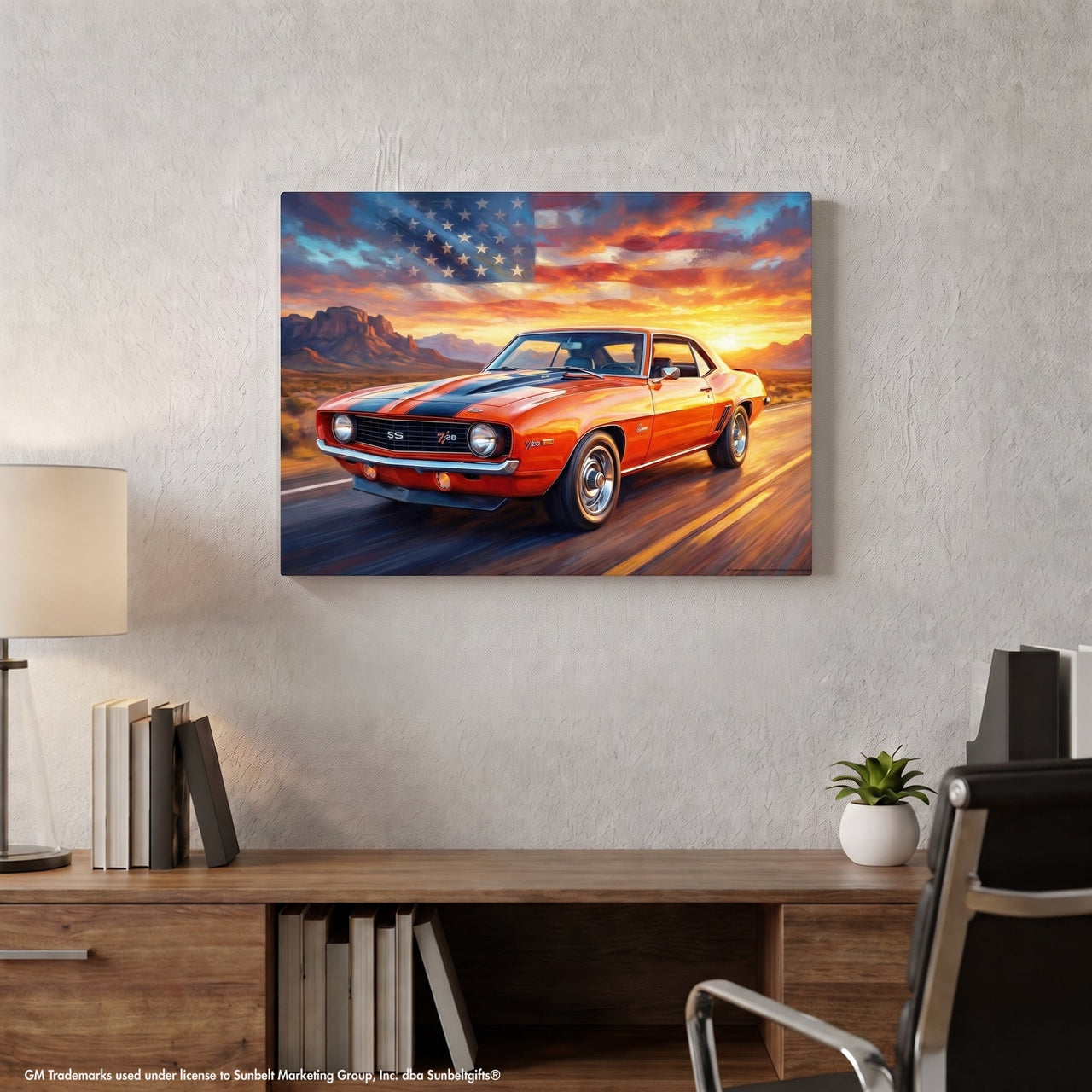 Camaro Z28 Orange and Black Americana Highway American Flag Canvas Wall Art
