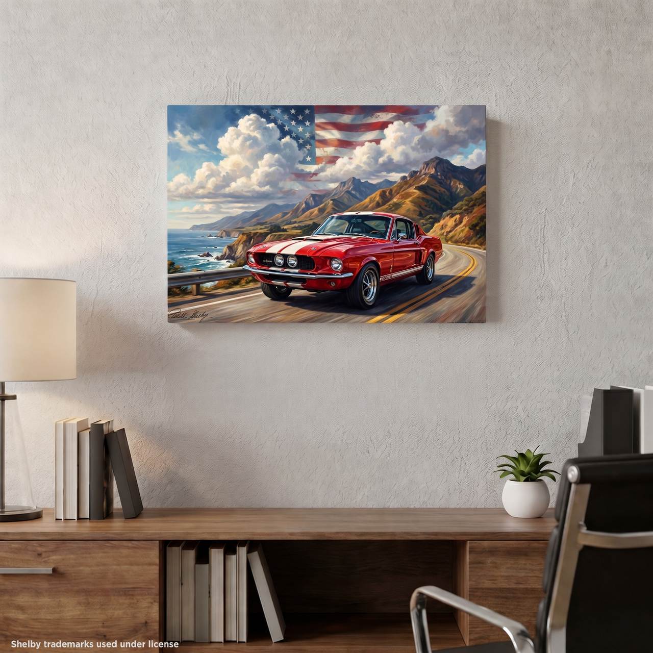 Carroll Shelby Red GT500 Sports Coupe Coastal Highway American Flag Canvas Wall Art