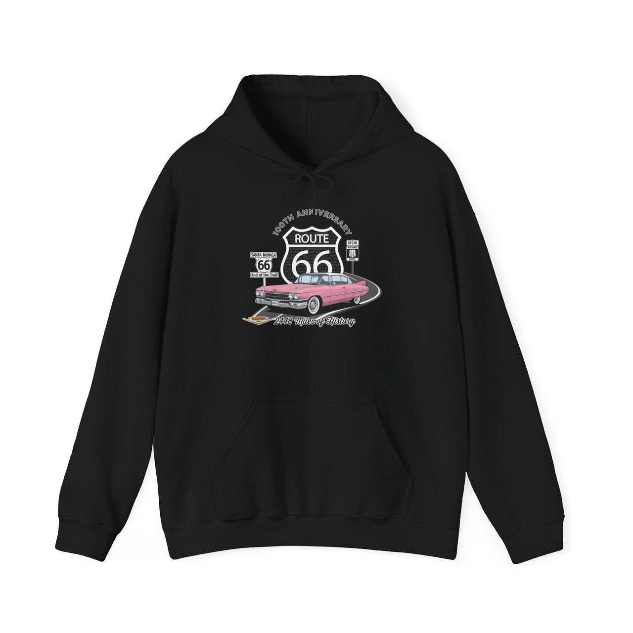 Pink Cadillac Route 66 Hoodie – 100th Anniversary Legends of the Road Hooded Sweatshirt for Road Trip Fans