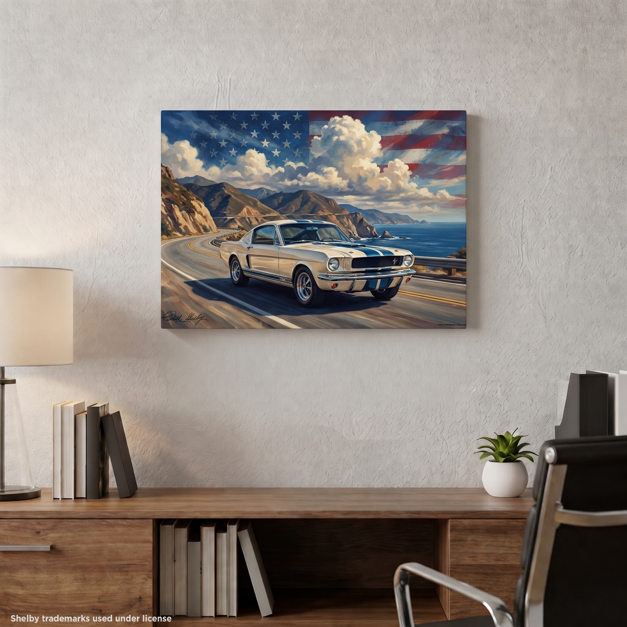 Carroll Shelby White GT350 Sports Coupe Coastal Highway American Flag Canvas Wall Art