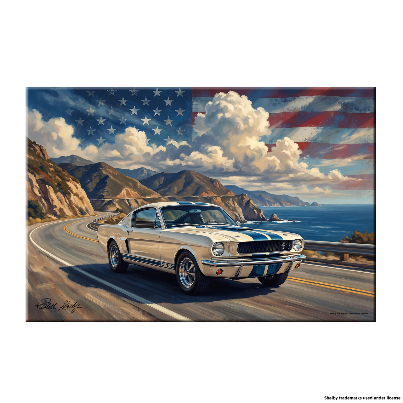 Carroll Shelby White GT350 Sports Coupe Coastal Highway American Flag Canvas Wall Art