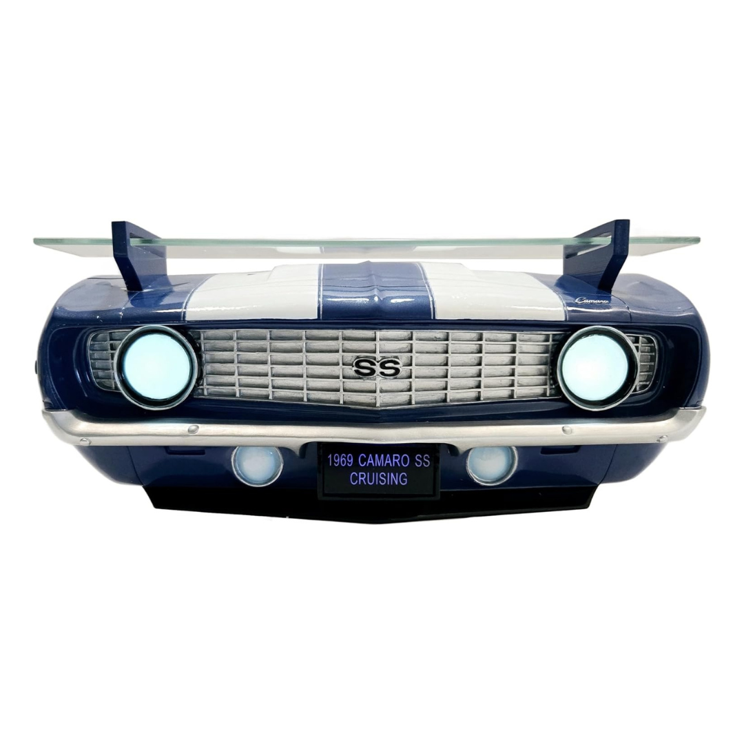 1969 Chevrolet Camaro SS Floating Wall Shelf, Lemans Blue with White Stripes, 19.5x6x8 inches, Tempered Glass, Battery Powered LED Headlights, Chevy Car Lovers Decor