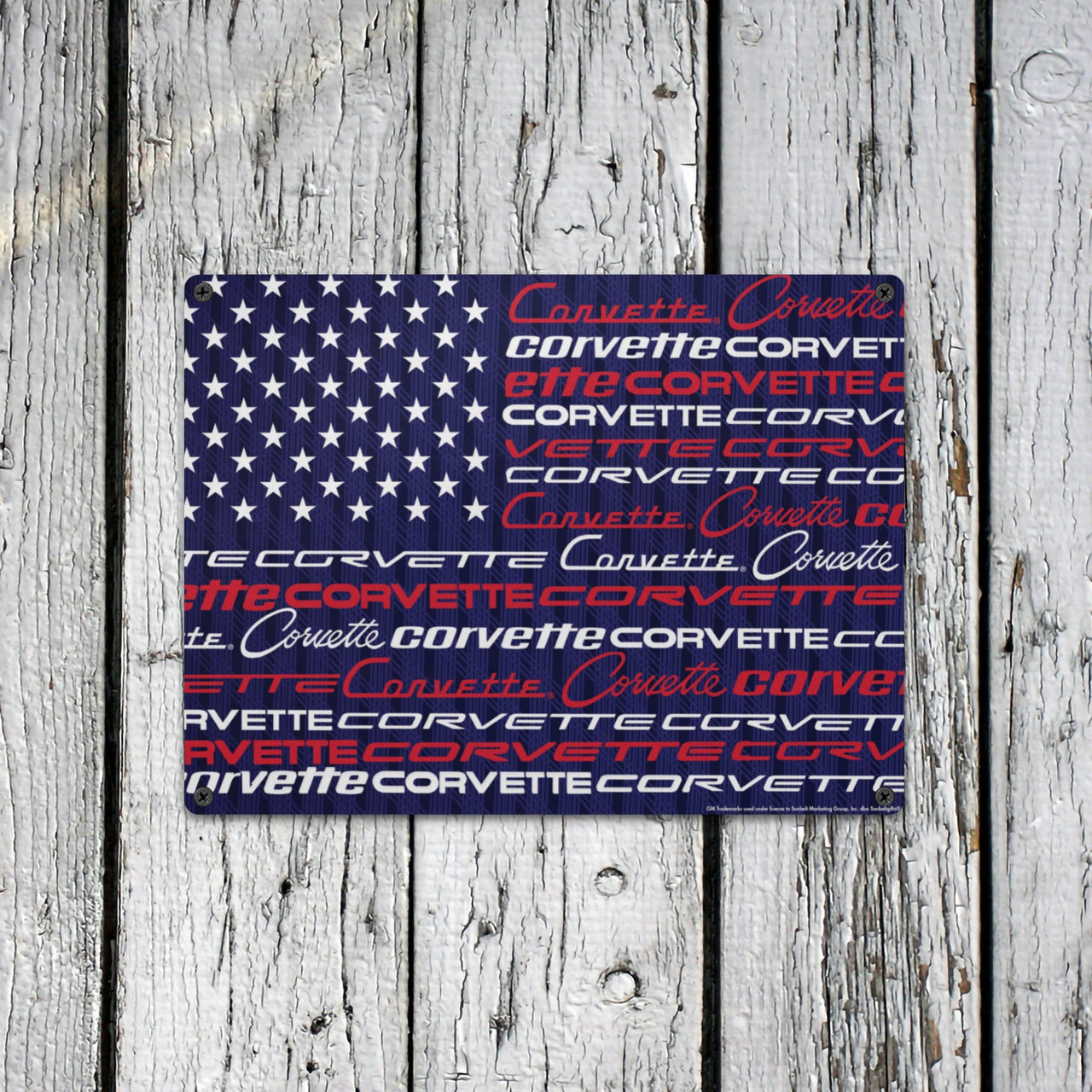 Corvette Script USA Flag Design 16"x12" Tin  Sign –  Classic Muscle Car Decor for Garage, Man Cave, Bar, or Home