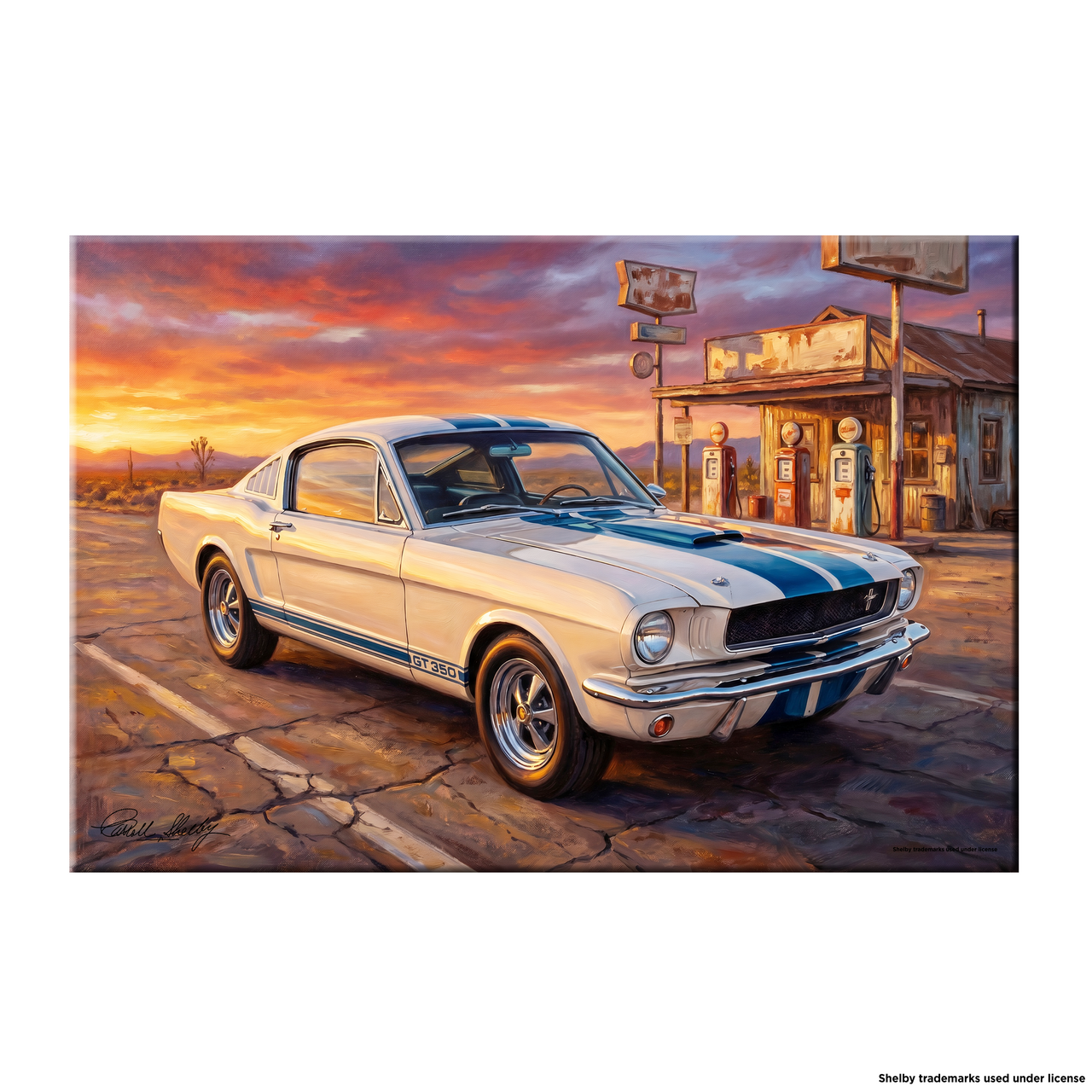 Carroll Shelby White GT350 Sports Coupe Front View Vintage Gas Station Canvas Wall Art