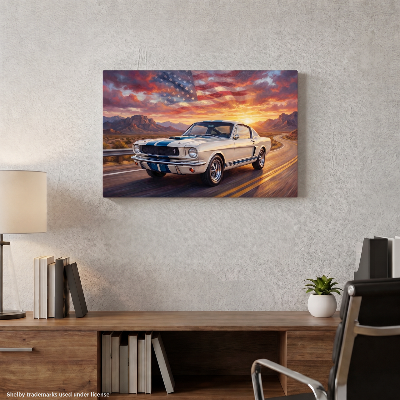 Carroll Shelby White GT350 Sports Coupe Sunset Desert Highway American Flag Canvas Wall Art