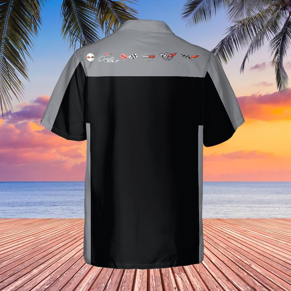 Chevrolet Corvette Hawaiian Shirt Black and Machine Silver Metallic