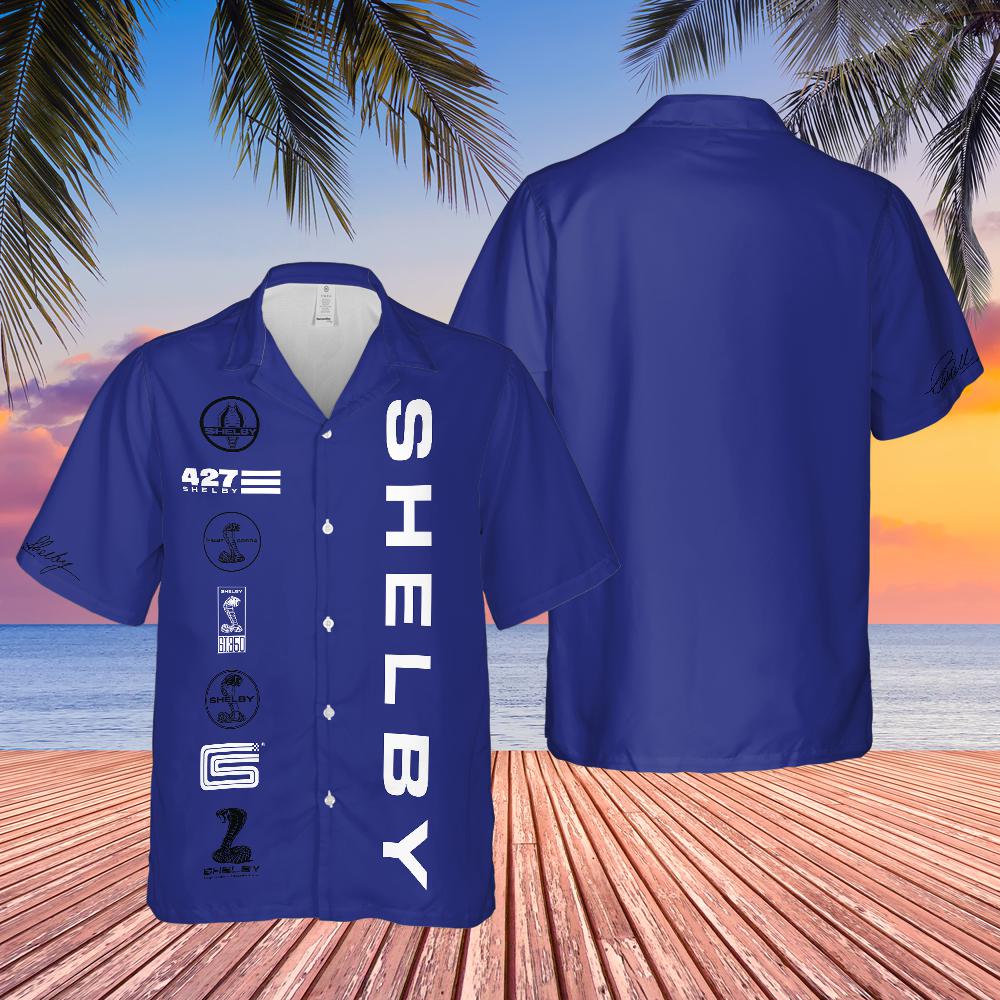 Carroll Shelby Blue Hawaiian Shirt, Celebrating Muscle Car Heritage with Historical Shelby Badge Designs in Black and White