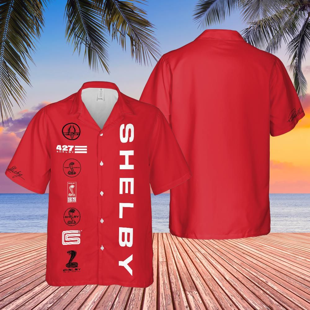 Carroll Shelby Red Hawaiian Shirt, Celebrating Muscle Car Heritage with Historical Shelby Badge Designs in Black and White
