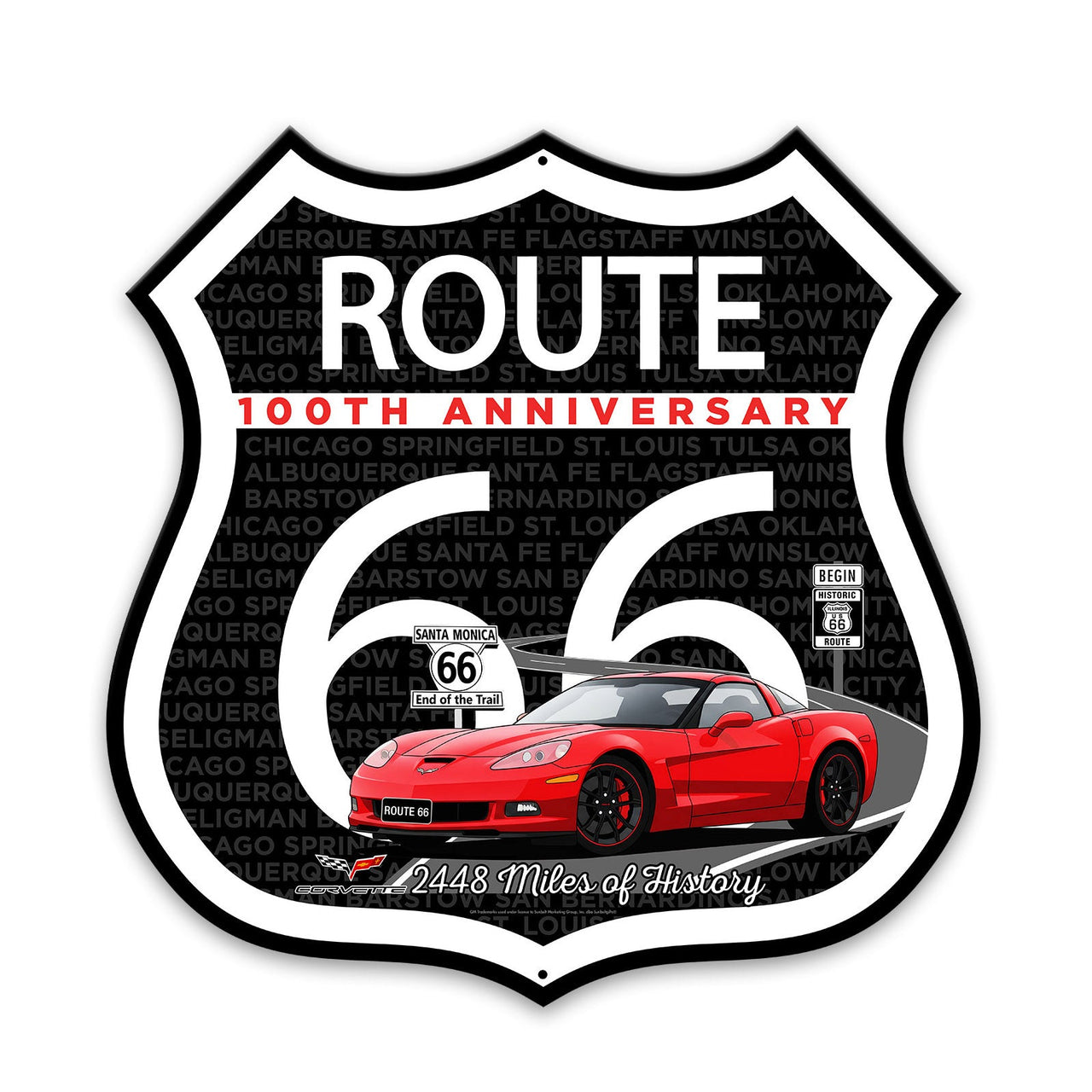 C6 Corvette Route 66 100th Anniversary Die-Cut Shield – Red Convertible Edition-Available in 2 Sizes