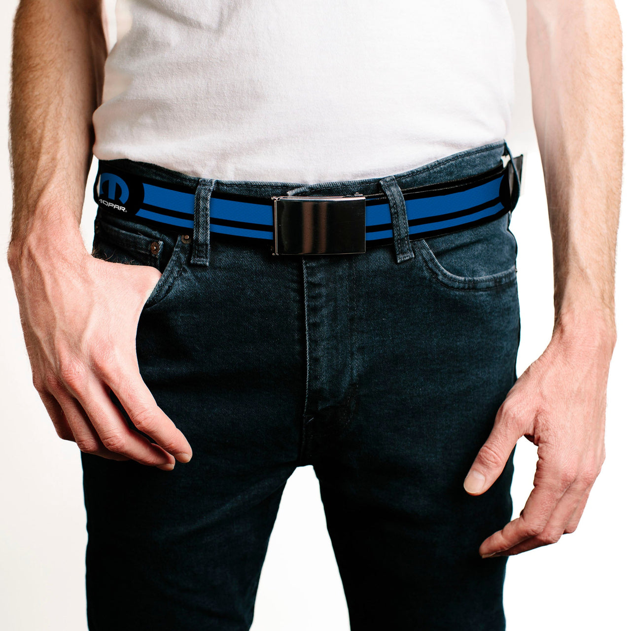 Mopar Logo Stripe Black & Blue Black Buckle Web Belt