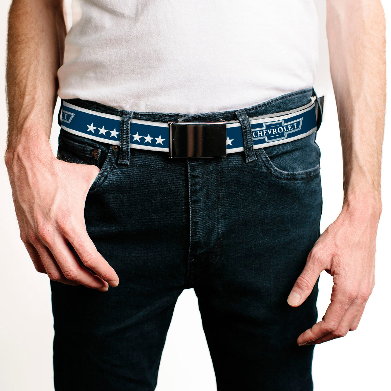Chevrolet Bowtie Stars Blue & White Belt Chrome Buckle