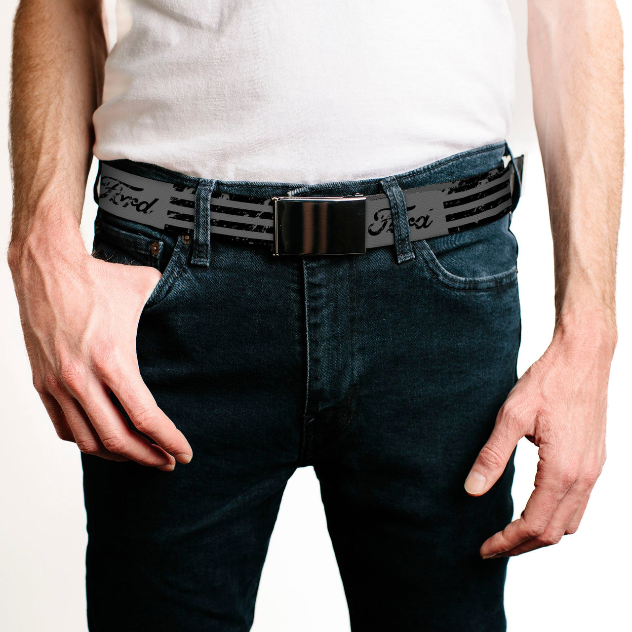 Ford Script Weathered Gray & Black Striped Web Belt Blank Chrome Buckle