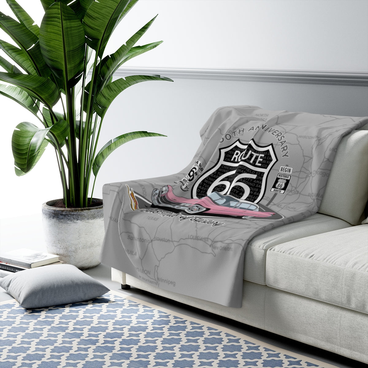 Pink Cadillac Route 66 100th Anniversary Sherpa Blanket – Soft Plush Throw for Road Trip Lovers, Cozy Design (50" x 60")