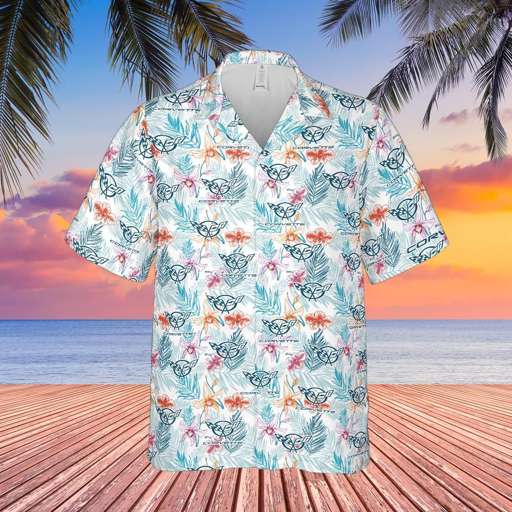 C5 Chevy Corvette Men’s Hawaiian Shirt, Tonal Logo Tropical Floral Pattern, Short Sleeve Button Down, Corvette Gift Apparel