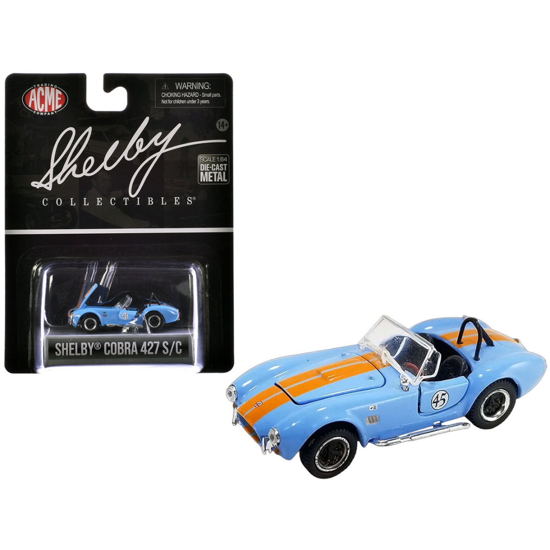 Shelby Cobra 427 S/C #45 Light Blue with Orange Stripes "Shelby Collectibles" Series 1/64 Diecast Model Car