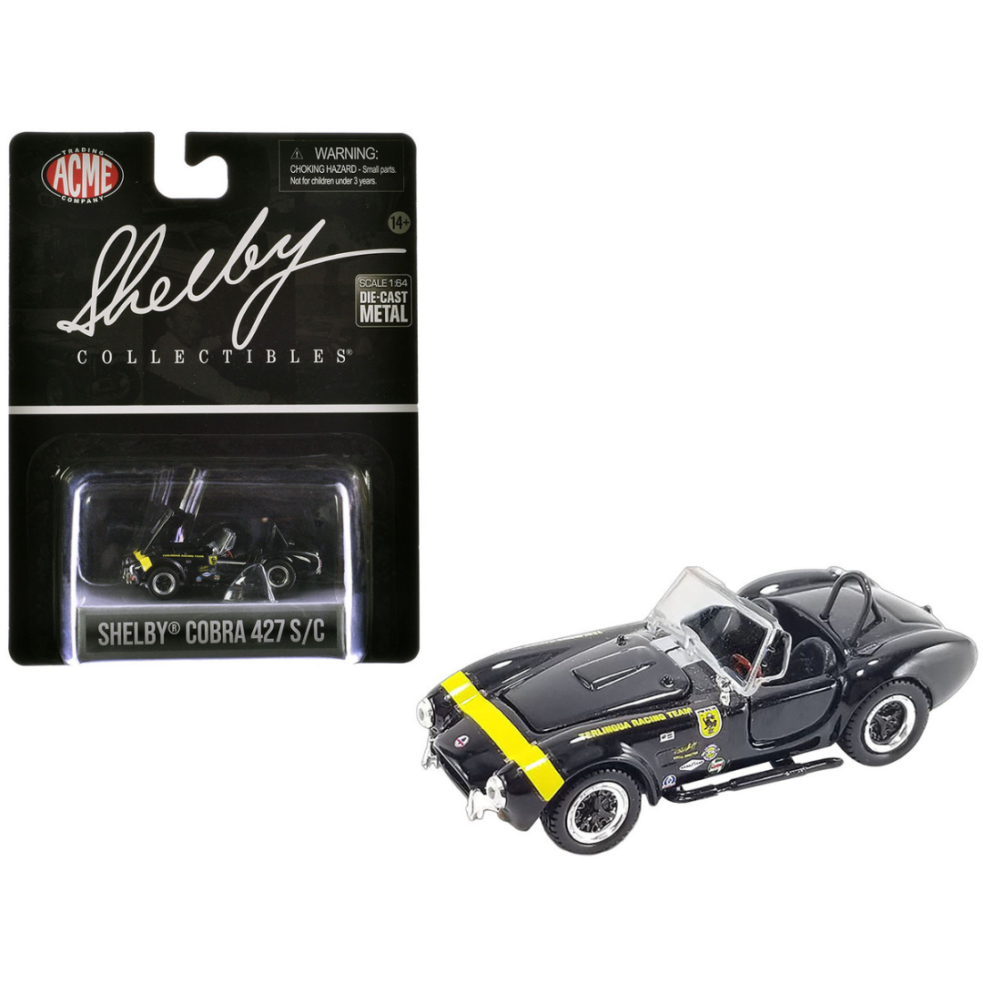 Shelby Cobra 427 S/C "Terlingua Racing Team" Black with Yellow Stripe "Shelby Collectibles" Series 1/64 Diecast Model Car